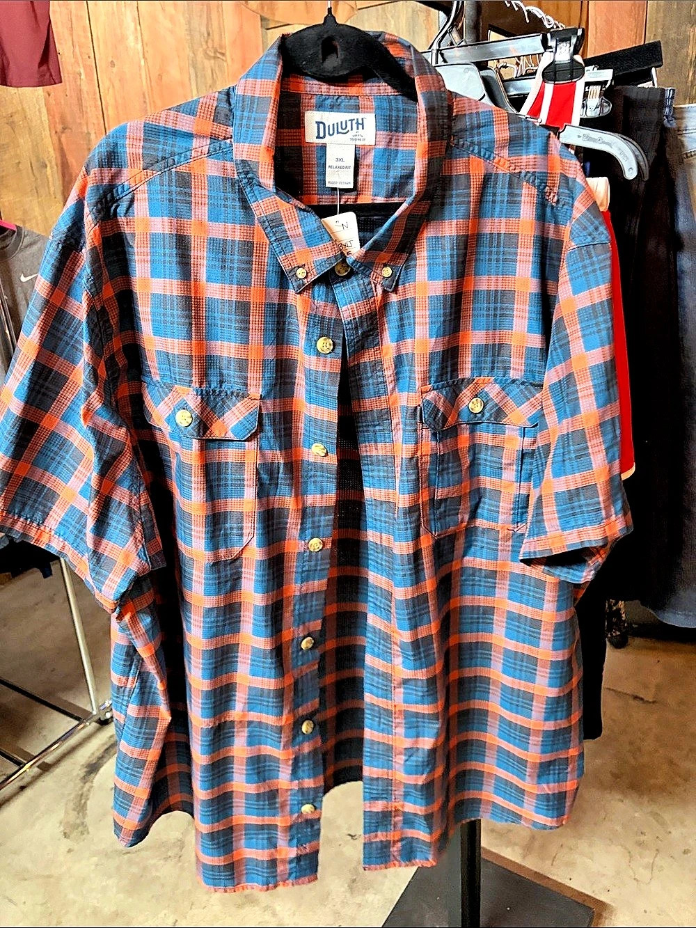 Duluth Trading Co. Short Sleeve Plaid Shirt. Blue & Orange 3XL